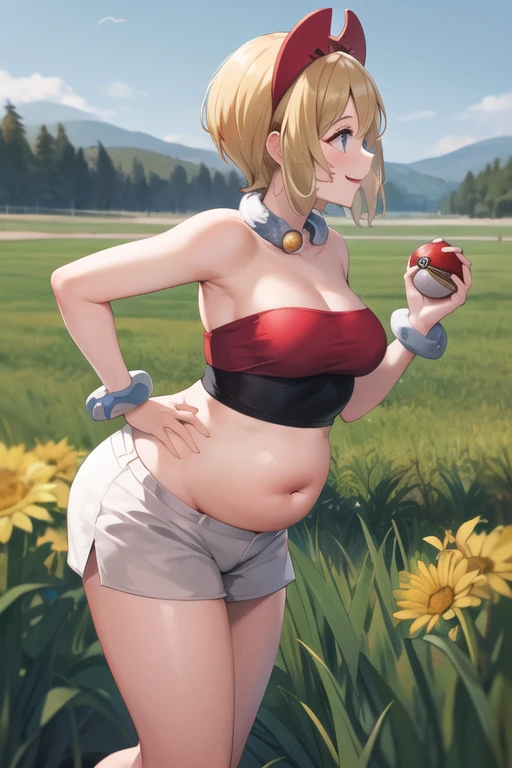 masterpiece, best quality, highres, aairida, short hair, red hairband, neck ring, collar, strapless shirt, red shirt, bracelet, white shorts, bare legs, standing, cowboy shot, outdoors, field, holding poke ball, poke ball, smile, potbelly, chubby, plump, side profile, exposed navel