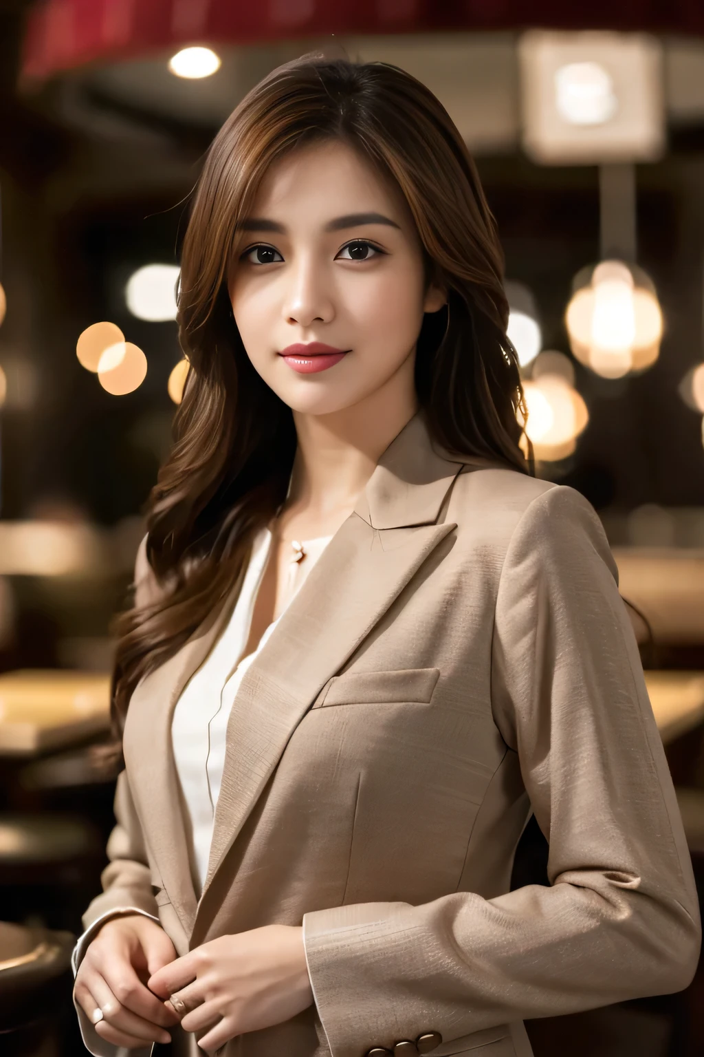 masterpiece, highest quality, Realistic, Very detailed, Finer details, High resolution, 8k wallpaper, One beautiful woman, Wear casual business attire, In a great restaurant, At night, Light brown messy hair, Perfect dynamic composition, Beautiful and beautiful eyes