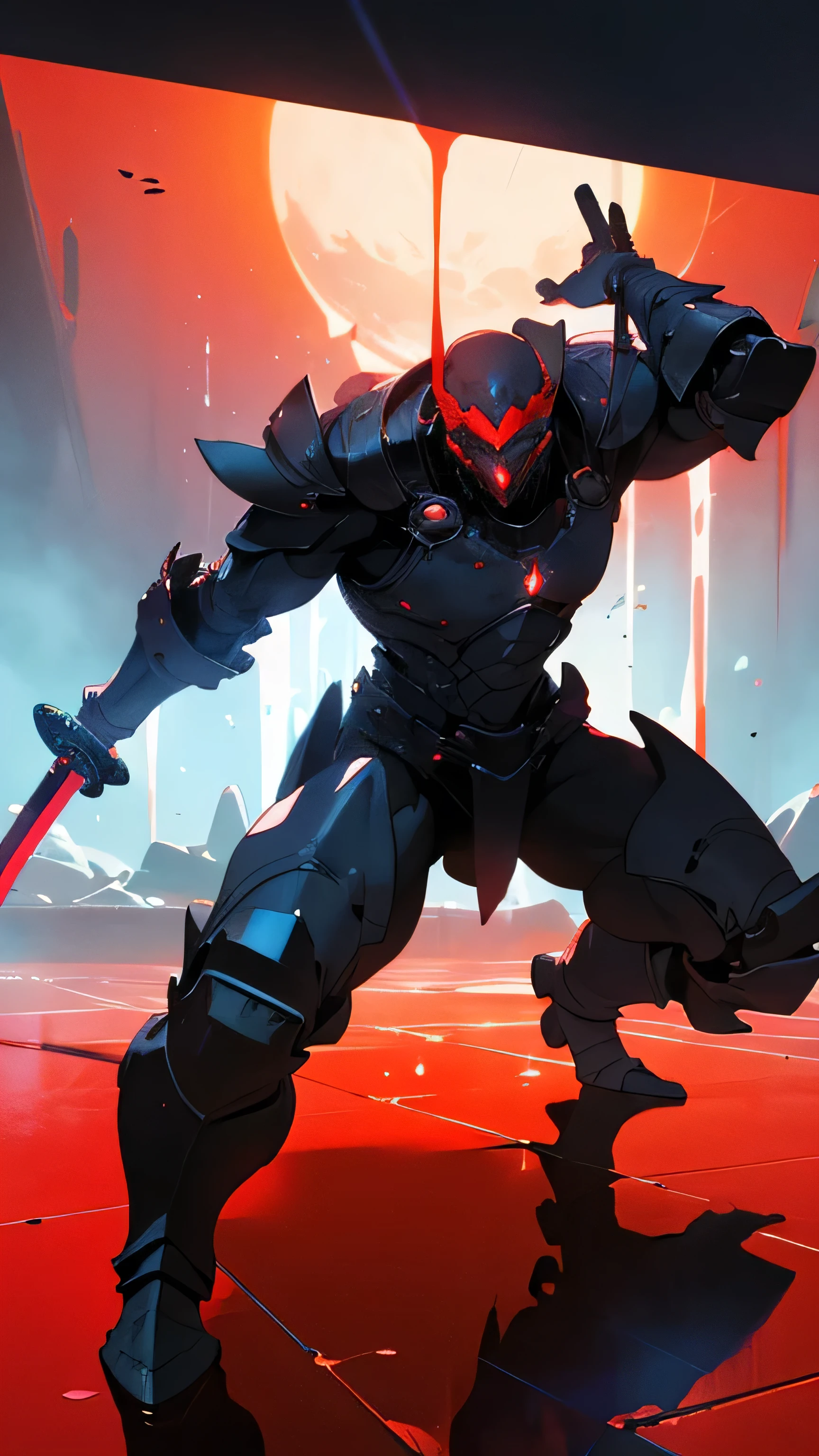 a digital artwork that shows a dark and imposing figure, action pose, that looks like a warrior, holding sword, full armor, in the midst of a futuristic environment | style: sci-fi, fantasy | effects: dramatic lighting, luminous particles, bright red ring behind the head, liquid floor, cel-shaded anime style