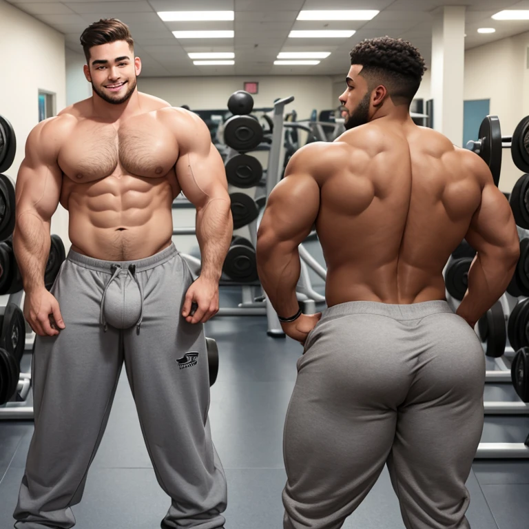 Two male college football players, muscular, jocks, at the gym, athletic, shirtless, dark brown hair, wearing grey sweatpants, big butt, huge ass, curvy men, comically massive ass, unrealistically huge butt, bubblebutt, thick, thicc, thick ass, thick legs, thick thighs, huge butt cheeks, ass huge, showing butt to camera, smiling, looking back at camera, big booty, boy booty, men with huge butts, men in grey sweatpants, showing off ass, absolutely massive butt, enormous ass cheeks in grey sweatpants, full ass, round ass, juicy ass, expansive ass, tight sweatpants, filled sweatpants, perky fat butt cheeks, gay for each other, gay, homosexual