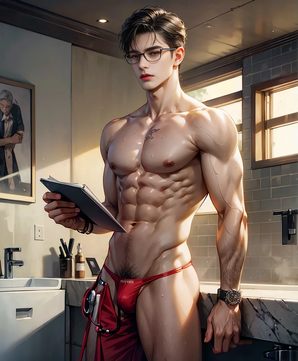 HD quality, high definition, a male doctor 18 years old handsome, muscular and slim, red lips, leaning forward pushing wall of his clinic, ((wearing thong)) , wearing open doctor scrubs suit, model with bracelets, earrings, with reading glasses, fully nude and naked body, eyebrowse angry, side view, wearing flip flops, sexy and seductive, with sweat, with small tattoo on his navel, ((with stethoscope on his neck))