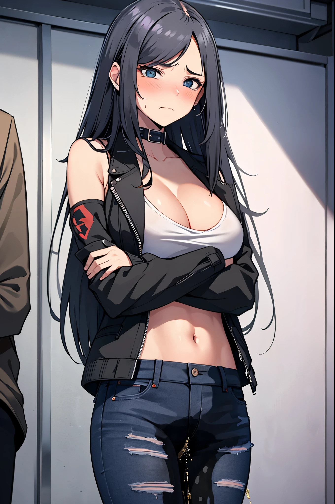 A woman with very long black hair and (very long bangs:1.5), wearing a stylish jacket and tight jeans, standing. The artwork is inspired by manga and incorporates a doujin style. The woman appears to be (wetting herself:1.5), which causes her to feel embarrassed and humiliated, resulting in a blush on her face. In addition, there is an air of anger in her expression. The lighting in the scene is moody, with a spotlight highlighting the woman's figure. She is crossing her arms, (arms crossed:1.5), fully showcasing her jeans., large breasts, navel, midriff, groin, mound of venus