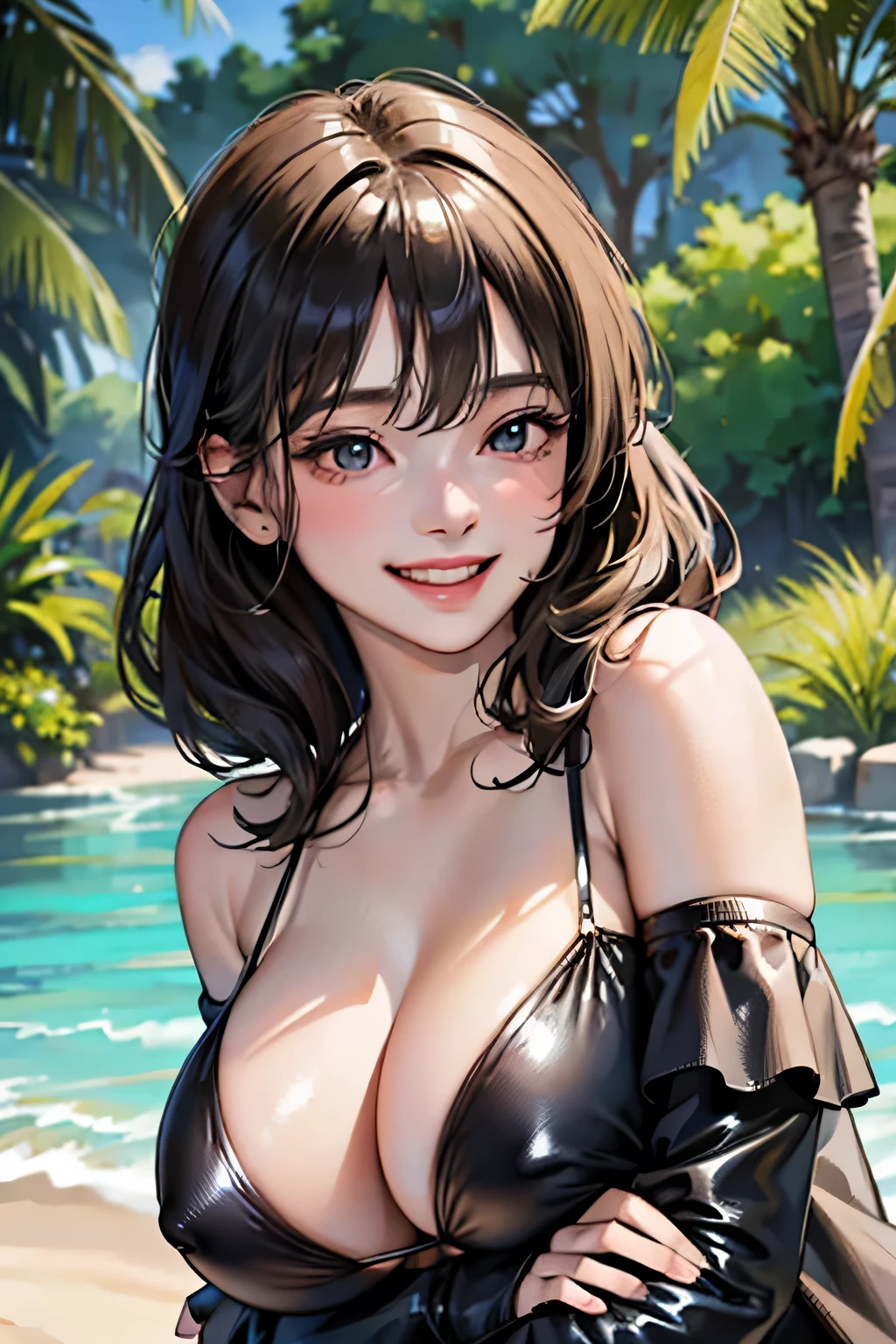 TOP quality,8K, (realistic:1.2),(1girl:1.2), 18yo, (smile, laugh, happy:1.2),(micro bikini),(off shoulders:1.5), (shiny skin:1.3),(huge breasts)