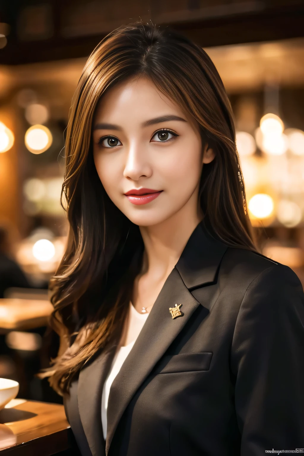 masterpiece, highest quality, Realistic, Very detailed, Finer details, High resolution, 8k wallpaper, One beautiful woman, Wear casual business attire, In a great restaurant, At night, Light brown messy hair, Perfect dynamic composition, Beautiful and beautiful eyes