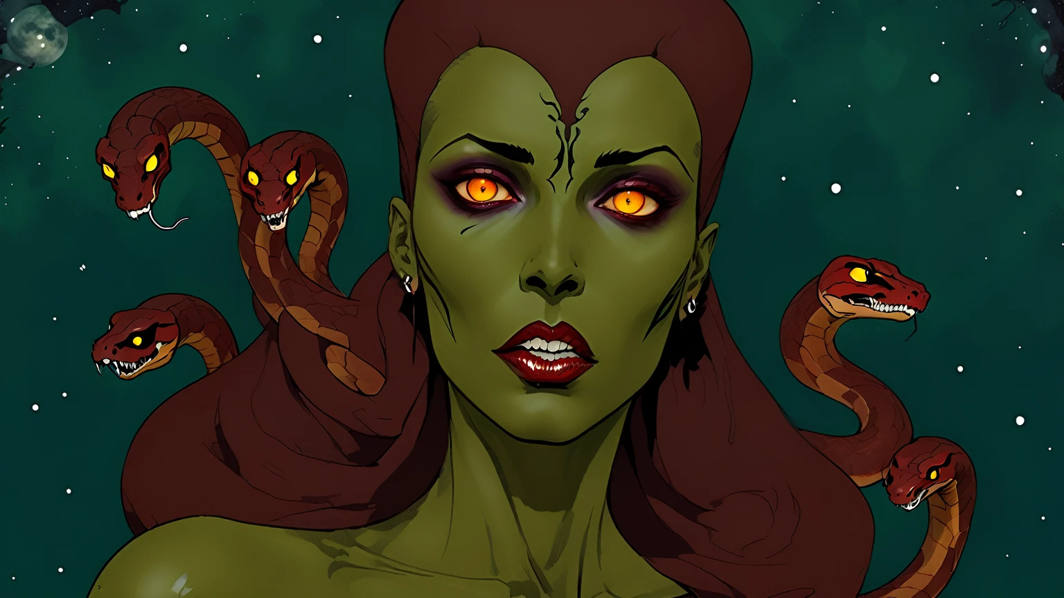 Medusa, splash page decompressed comic cover art, ink style figure,((expressive Joelle Jones and "Sean Gordon Murphy" comic drawing)), wordless, cinematic poster, double exposure, optical illusion, image within image, abyss void black no visibility darkness, full length portrait, (background, pine barrens, entropy, rewilding, magic hour sunset, galaxy stars, cosmos), (horror, abstract, surreal, body, cosmic), candid, snake skin dress, morphology anatomy drawn Frederic Delavier musculature anatomical illustration, (face, ornate black metal corpse paint, resembles Grace Jones), (body, Naga, snakefolk, lower body snake tail, snake woman hybrid, bald, hairless, skeleton, snake skin tattoos, piercing eyes, snake pupils, over the shoulder), (colors, bleak muted deep fiery radiant glowing ROYGBIV, forest green, earth brown), craftsmanship nuance, (Gerardo Zaffino charcoal), subliminal orchids, nyctophobia, silhouette