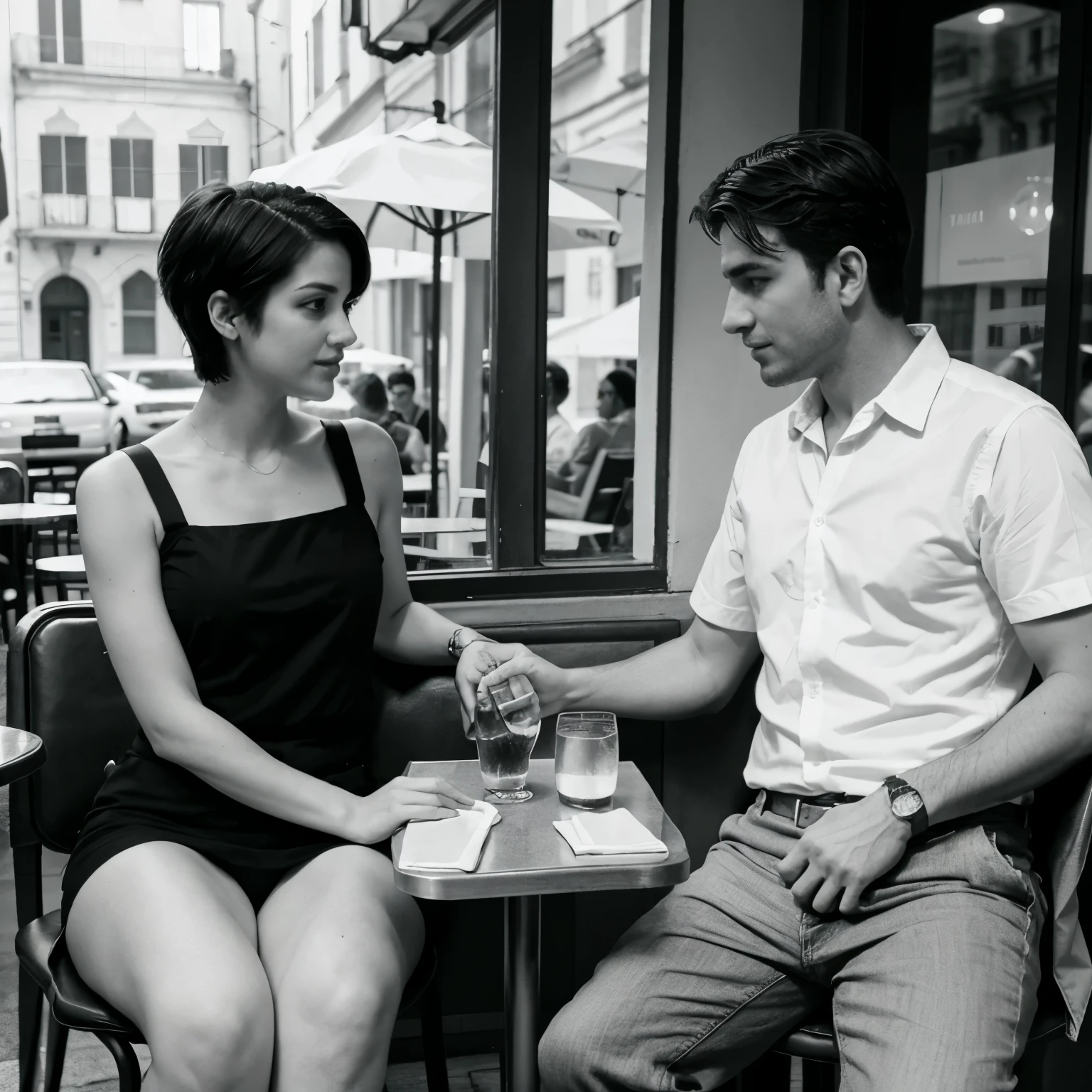 An adult man, sitting in a chair in front of an Italian restaurant, with a woman, short hair, both looking at each other, made in black and white sketch
