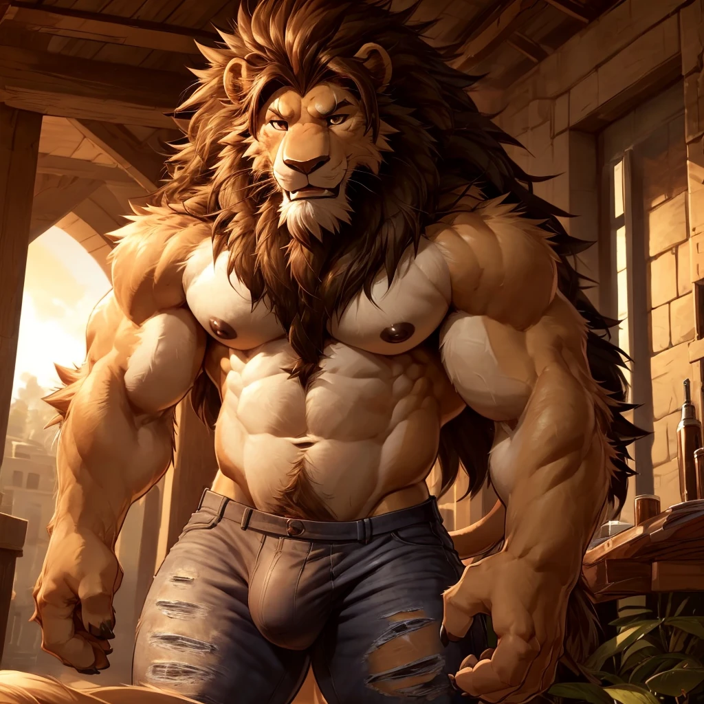 2d, masterpiece, best quality, 4k, 8k, ultra highres, raw photo in hdr, sharp focus, photo realism, real life like, detailed background, lion anthro, tiger (((cream fur, cream body, very long brown hair, brown beard, long Lion's mane))), muscular male, fluffly, cute, adorable, lovely, smile, big nipples, black nipples, happy face, dilf, daddy, mufasa, fangs, detailed big nipples, wide waist, broad shoulders, strong thighs, white teet, bulge, ripped jeans, tight clothing, fur wet, detailed background, hi res, perfect brown eyes, (by darkgem, by takemoto arashi, by anhes), Negative prompt: boring_e621_fluffyrock_v4, bad-hands-5, deformityv6
