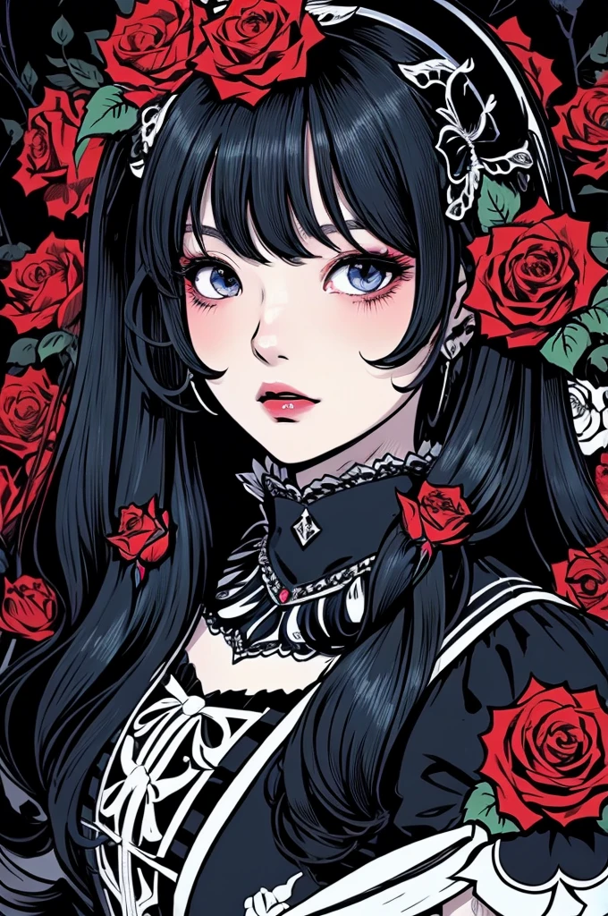 Beautiful hardcore illustration homepage illustration style, dark, High resolution, hard touch illustration, Strong outline, One girl, japanese geisha style, Fuji Mountain, Japan, 8k, American Comic Styles, Colorful background, Hiroyuki Nagasaka, Aggressive, Beautiful Face, Cool Beauty, kimono, Beauty Style, Blue gradient(1.6), Fight, Hard Illustration, Dark blue ed hair, Two people, Rose, Backwards, Samurai, small monster, kimono, (Japanese sword(1.8)), (Draw your sword(1.8))