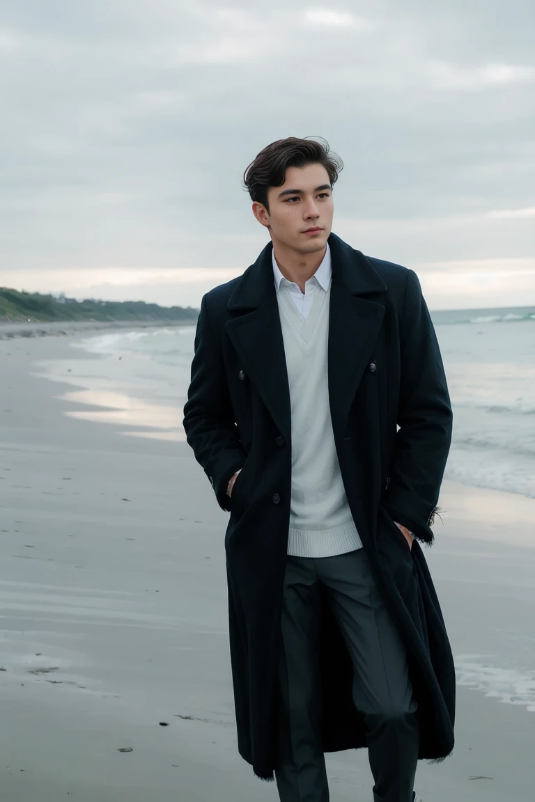 handsome male,solo,Casual dress,feather coat,dutch angle ,beach