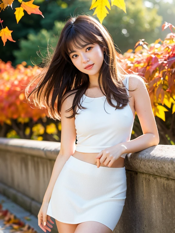 whole body1.4、masterpiece, highest quality, RAW Photos, 8k, Highly detailed face, One girl, whole body, Beautifully detailed skin, Backlight, Soft Light, Shy, (Shoot from the front:1.2), Smile, open your mouth to say something, Illuminate, Anatomically correct, Medium Hair, Windblown Hair, Eyes and facial details, Textured skin, Professional photography, Bokeh, Portraiture, Professional Lighting, alone, cute, Film Grain, autumn leaves,( White camisole),Bare legs,mini skirt,summer