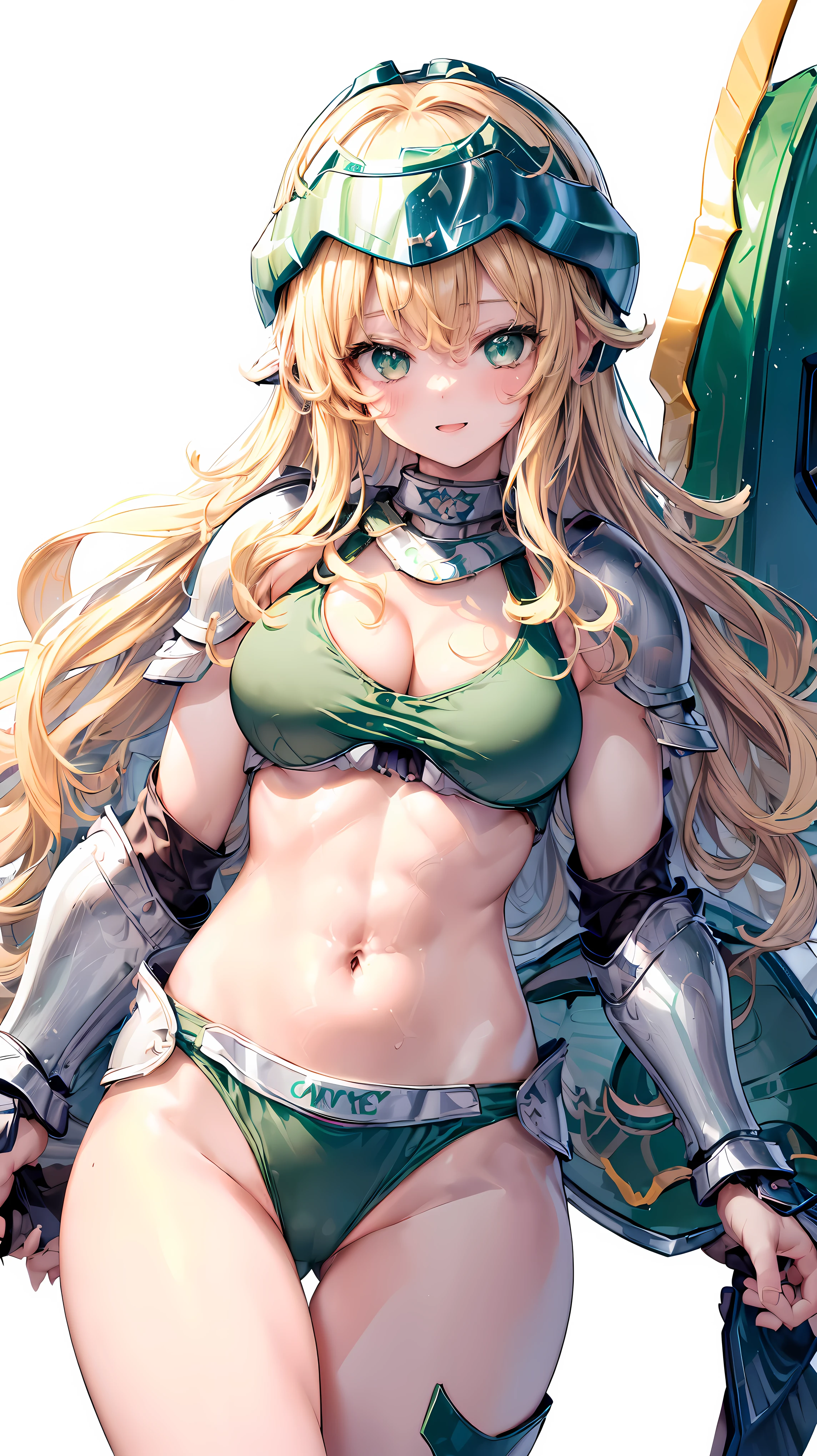 Very detailed、highest quality、Best image quality、masterpiece、8k、Anime Face、A kind smile、Open your mouth、Sparkling blue eyes、(Blonde wavy hair:1.5)、、Muscles of the whole body、camisole、Thigh belt、mini skirt、(Wearing green bikini armor:1.5)、(Cowboy Shot:1.5)、(Leg armor:1.5)、(Wearing a helmet:1.5)