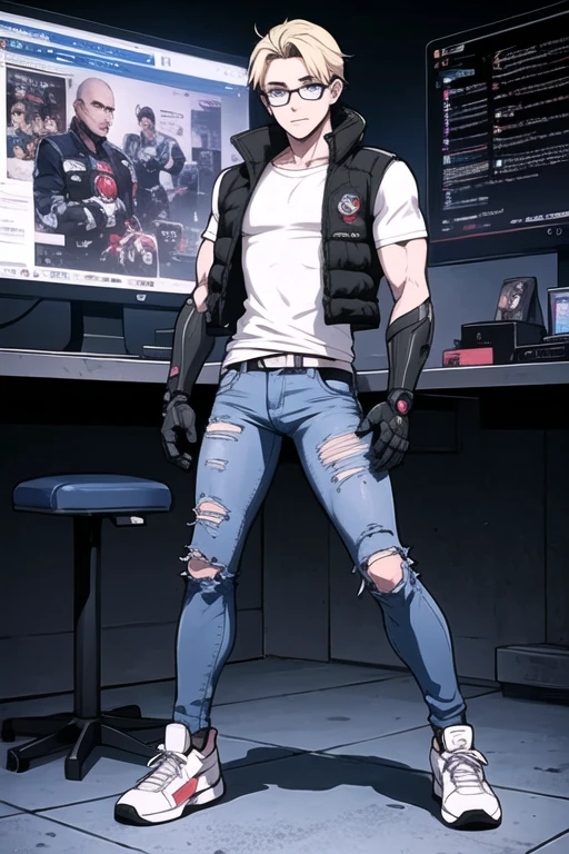 MetallAi, ((best quality)),((Masterpiece)),(detailed), perfect face, ((male,)) ((blonde hair,)) ((blue eyes,))
((ripped jeans)) ((blue tactical suit,)) cyber corporation, ((cyberpunk,)) ((glasses,)) ((drons)) ((handsome))
((robot hands)) ((computers,)) ((hacker,)) ((Coldfront Down Vest,)) technology, android, ((white t-shirt,))
future, men, cyborg arms, full body, white black sneakers, technological inventions, stand up,
robot gloves, silver robotic arms,