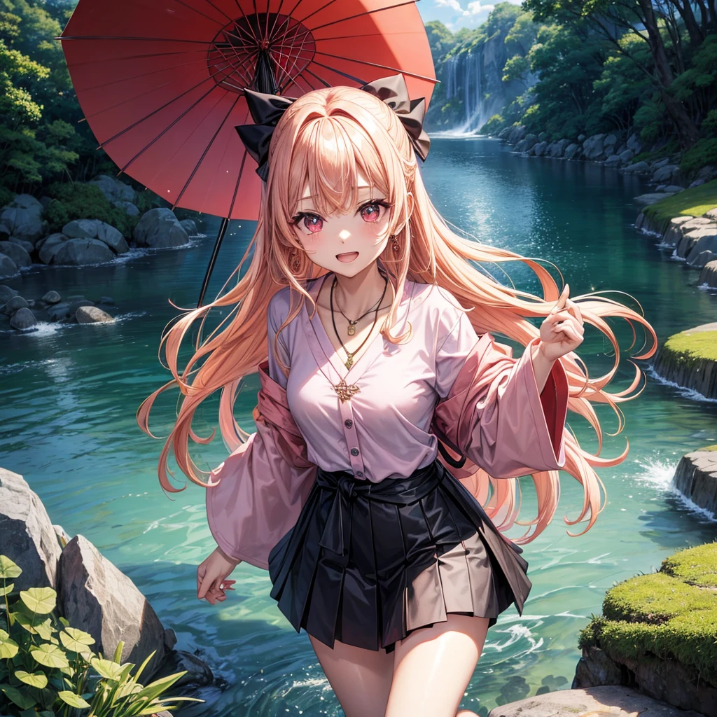 Pink gold golden hair、Red eyes、One good looking girl、solo、anime、Checkered mini skirt、The skirt has buttons、Black camisole、Black T-shirt、hoodie、kimono、Holding a Japanese umbrella、Wearing a ribbon、Ribbon on waist、Crystal Earrings、Gemstone Necklace、Tilting face、Teeth are visible、waterfall、waterfallの裏側、tunnel、Sunset sky、moss、Hell's Gate、Lantern、Blue flame、Sitting on a thick branch