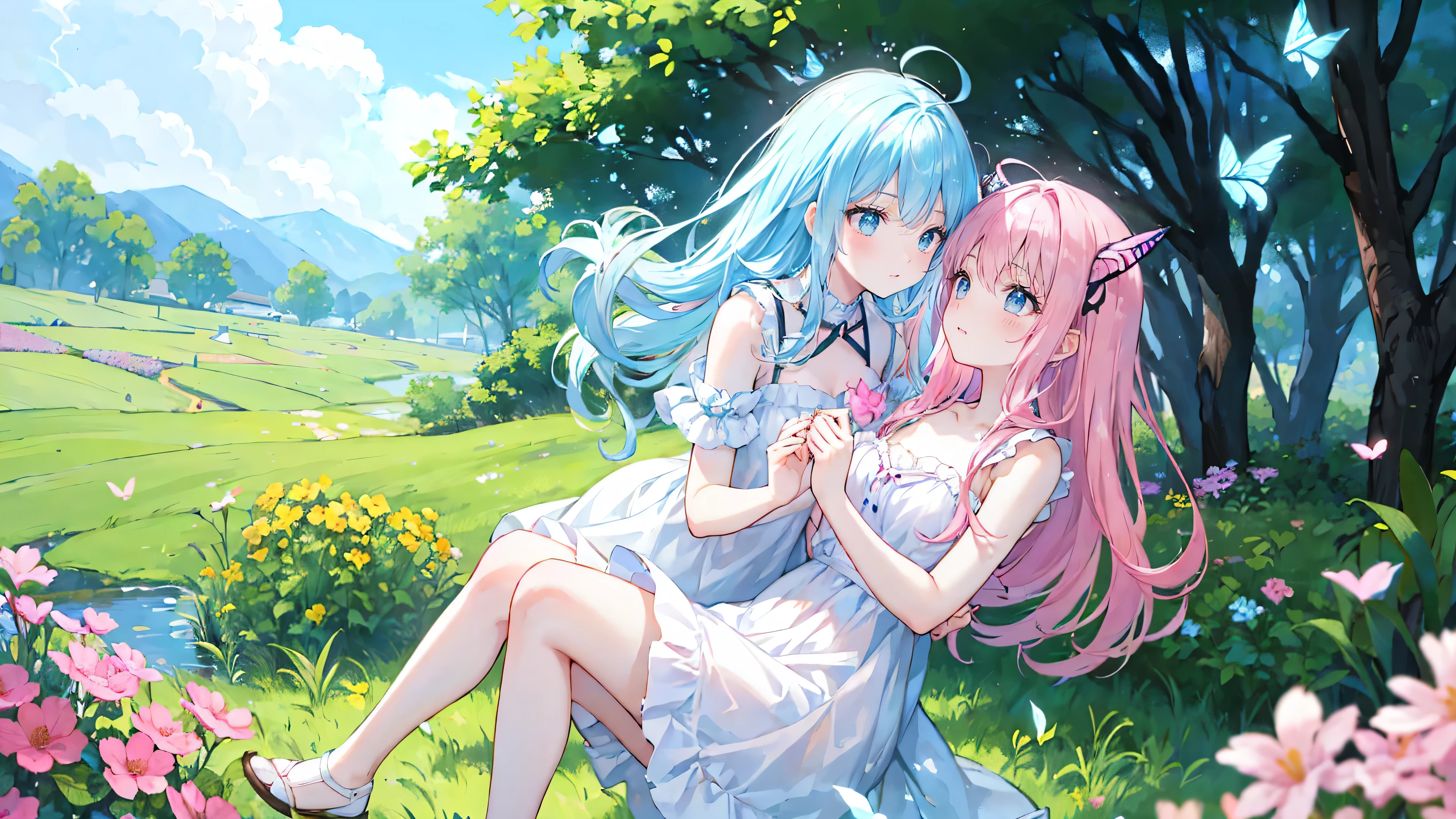 Two pure and innocent girls,18-year-old、2 people(Pink-haired person、1 Name Light Blue Hair)、Cute face、Beautiful Eyes、White skin、Natural Beauty、Warm sunshine、Wildflowers swaying in the wind々Surrounded by、Enjoying time in the fields。Butterflies and birds flutter around her、Creates a playful atmosphere。