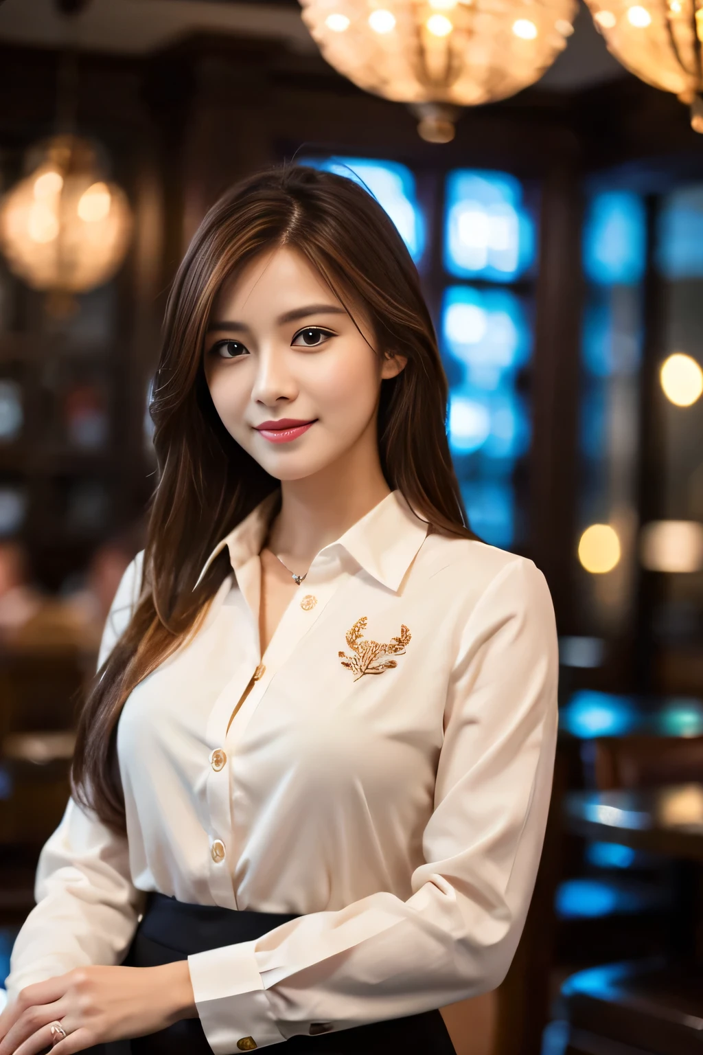 masterpiece, highest quality, Realistic, Very detailed, Finer details, High resolution, 8k wallpaper, One beautiful woman, Wear casual business attire, In a great restaurant, At night, Light brown messy hair, Perfect dynamic composition, Beautiful and beautiful eyes