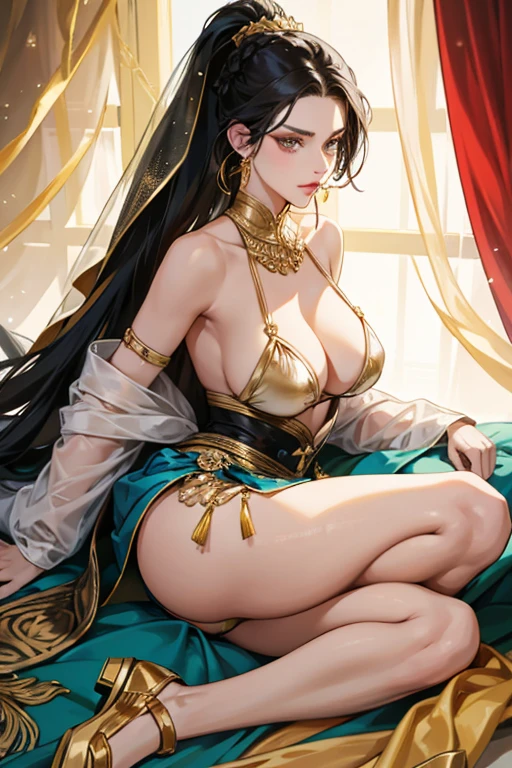 Zafina is a woman of Middle-Eastern descent. She has black hair that is usually set in a bun, ponytail, or a braid on the left side. : Zafina wears a brassiere top with a gold trim and gold hem that has an attached mesh fabric. Paired with this is a short sash skirt with matching gold trim over detached pant legs that are fastened to the skirt with a single button. Under the skirt she wears a bikini bottom covered with a lighter mesh fabric. Zafina also wears gold shoes, a gold band around her head, and a veil with a gold trim at the bottom. In this outfit, her hair is a dark shade of red and tied into a large braid. SPARKLE; GLITTER