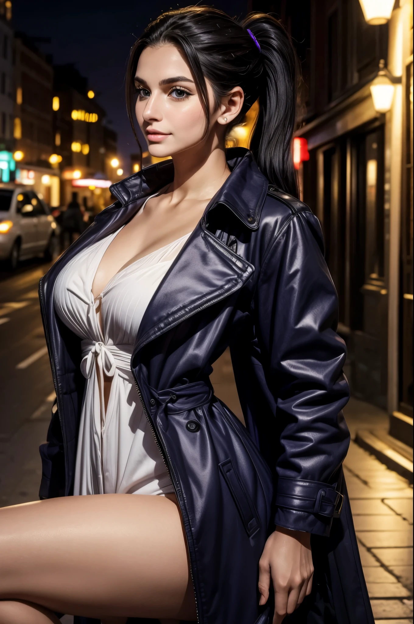 masterpiece, best quality, extremely detailed, hyperrealistic:1.1, photorealistic, a beautiful 20s russian model, ultra detailed face:1.1, lower ponytail, black hair, purple trench coat, sunglasses on head:1.1, intersection, in the night:1.1, seductive smile, dynamic pose
