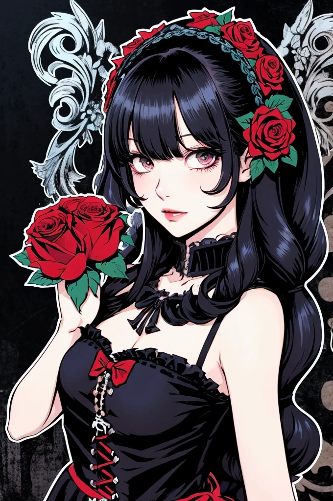 Beautiful Hardcore Illustration homepage illustration style, dark, high resolution, hard touch illustration, strong outline, two girls, gothic & lolita style, gothic & lolita fashion, 8k, American comic style, colorful background, Hiroyuki Nagasaka, aggressive, beautiful face, cool beauty, dress, beauty style, red color, battle, Hard illustration, red colored hair, Two persons, rose, backwards,