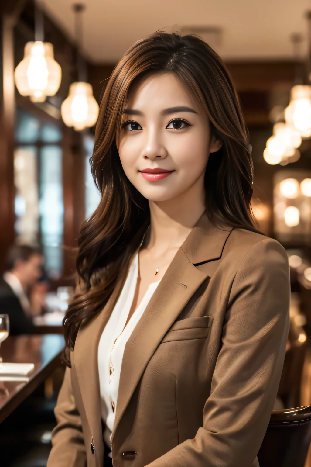 masterpiece, highest quality, Realistic, Very detailed, Finer details, High resolution, 8k wallpaper, One beautiful woman, Wear casual business attire, In a great restaurant, At night, Light brown messy hair, Perfect dynamic composition, Beautiful and beautiful eyes