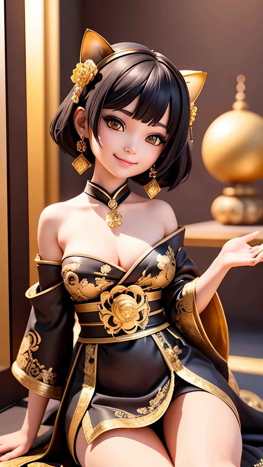 (masterpiece),(highest quality),(Very detailed), (whole body:1.2), One girl,,Little,cute, smile, black bob haircut,Cat ear, Golden Eyes, Large earrings, Black kimono, (Sitting facing forward in a temple),smile, There is a gold ornament on the back, (Beautifully detailed face), (Beautiful fine details),