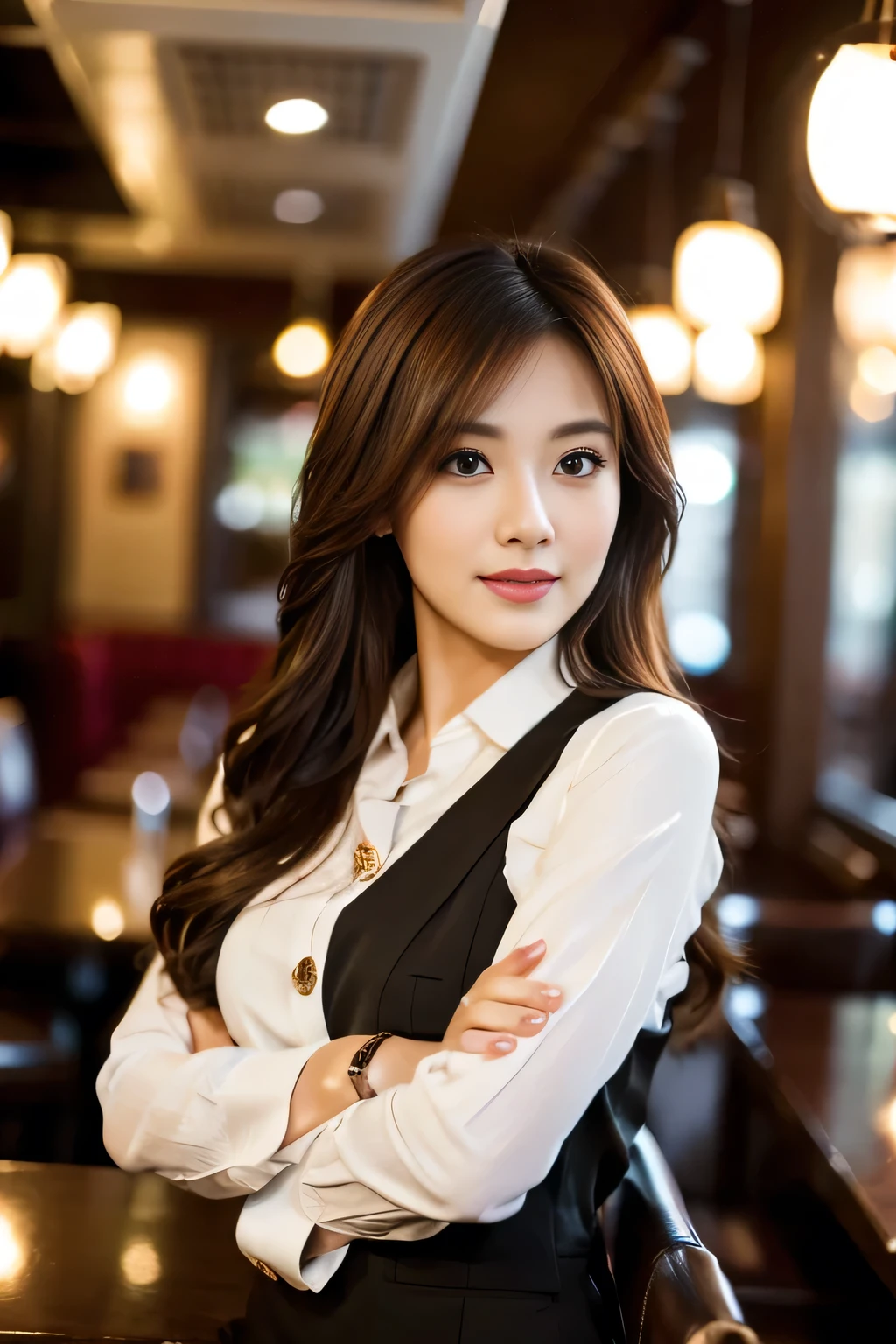 masterpiece, highest quality, Realistic, Very detailed, Finer details, High resolution, 8k wallpaper, One beautiful woman, Wear casual business attire, In a great restaurant, At night, Light brown messy hair, Perfect dynamic composition, Beautiful and beautiful eyes