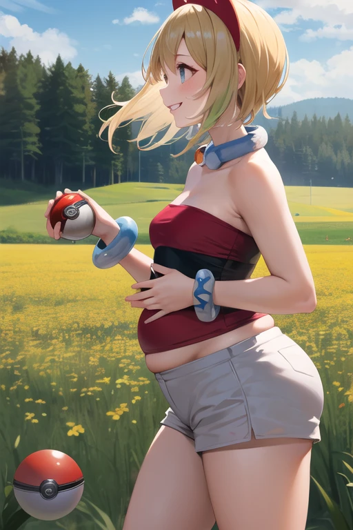 masterpiece, best quality, highres, aairida, short hair, red hairband, neck ring, collar, strapless shirt, red shirt, bracelet, white shorts, bare legs, standing, cowboy shot, outdoors, field, holding poke ball, poke ball, smile, potbelly, chubby, plump, side profile