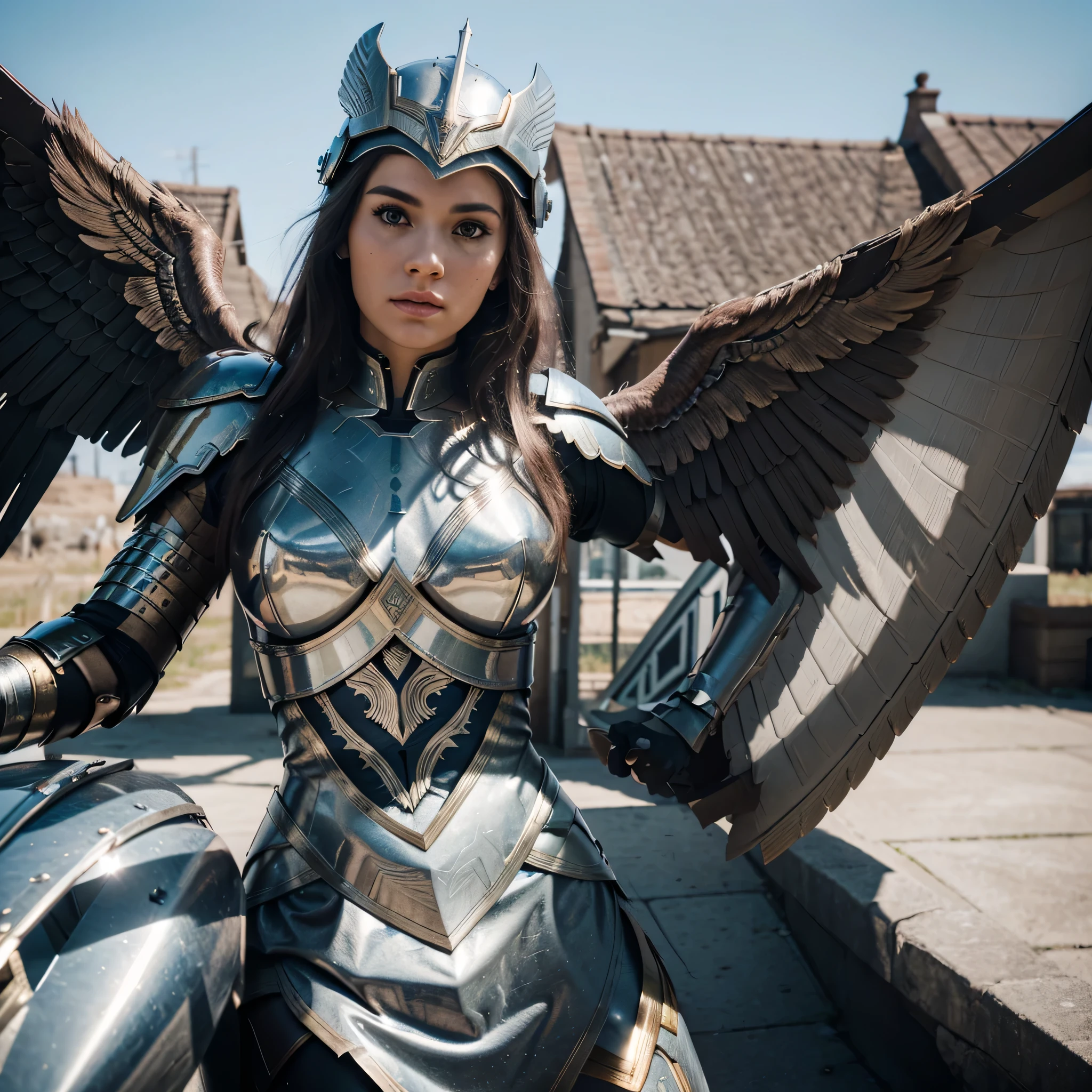 (l1vvydunne:.95), high angle photo of a gorgeous young valkyrie woman in the style of stefan kostic, realistic skin texture,(winged helmet:1.1), (valkyrie armor:1.2), 1 / 2 body crop, 8 5 mm art lens, f 1. 2, sharp focus, 8 k high definition, insanely detailed, intricate, elegant, art by stanley lau and artgerm