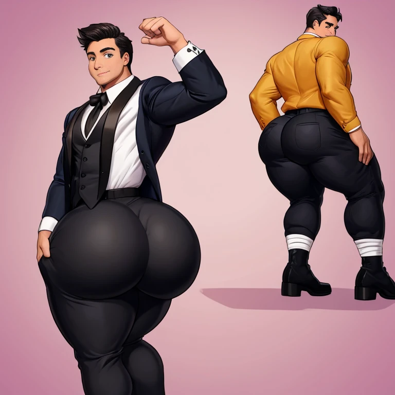 Two college frat boys in tuxedos, huge ass, comically massive ass, tight tuxedo pants, large boy booty, bubble butt, man bubble butt, thick, thicc, thick thighs, thick ass, athletic, fit, round ass, full ass, wide ass, tuxedo, big bulge, large crotch bulge