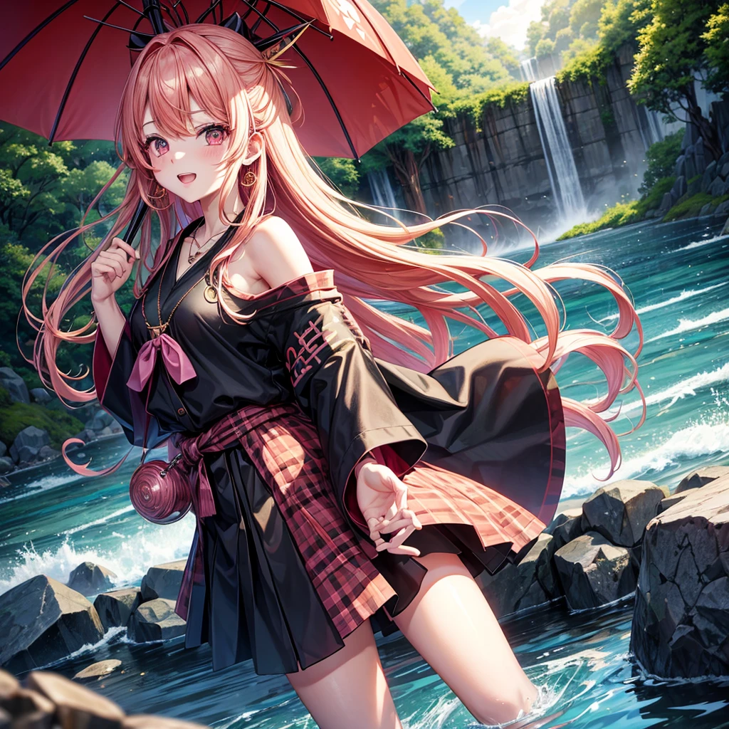 Pink gold golden hair、Red eyes、One good looking girl、solo、anime、Checkered mini skirt、The skirt has buttons、Black camisole、Black T-shirt、hoodie、kimono、Holding a Japanese umbrella、Wearing a ribbon、Ribbon on waist、Crystal Earrings、Gemstone Necklace、Tilting face、Teeth are visible、waterfall、waterfallの裏側、tunnel、Sunset sky、moss、Hell's Gate、Lantern、Blue flame、Sitting on a thick branch