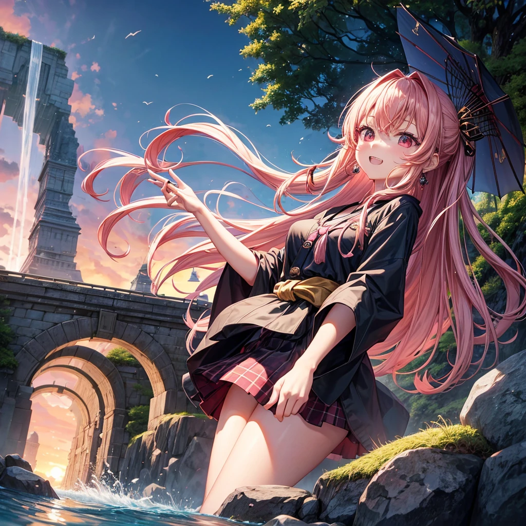 Pink gold golden hair、Red eyes、One good looking girl、solo、anime、Checkered mini skirt、The skirt has buttons、Black camisole、Black T-shirt、hoodie、kimono、Holding a Japanese umbrella、Wearing a ribbon、Ribbon on waist、Crystal Earrings、Gemstone Necklace、Tilting face、Teeth are visible、waterfall、waterfallの裏側、tunnel、Sunset sky、moss、Hell's Gate、Lantern、Blue flame、Sitting on a thick branch