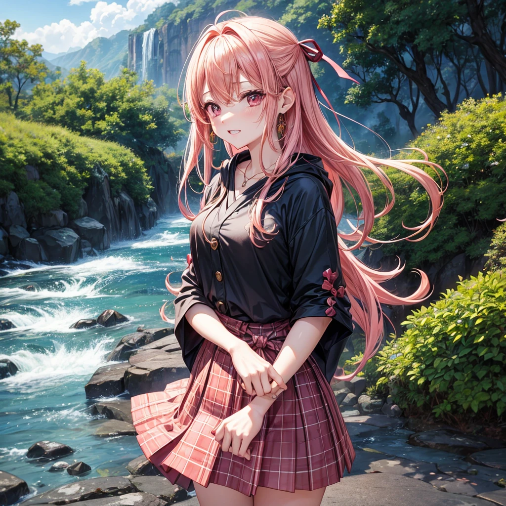 Pink gold golden hair、Red eyes、One good looking girl、solo、anime、Checkered mini skirt、The skirt has buttons、Black camisole、Black T-shirt、hoodie、kimono、Holding a Japanese umbrella、Wearing a ribbon、Ribbon on waist、Crystal Earrings、Gemstone Necklace、Tilting face、Teeth are visible、waterfall、waterfallの裏側、tunnel、Sunset sky、moss、Hell's Gate、Lantern、Blue flame、Sitting on a thick branch