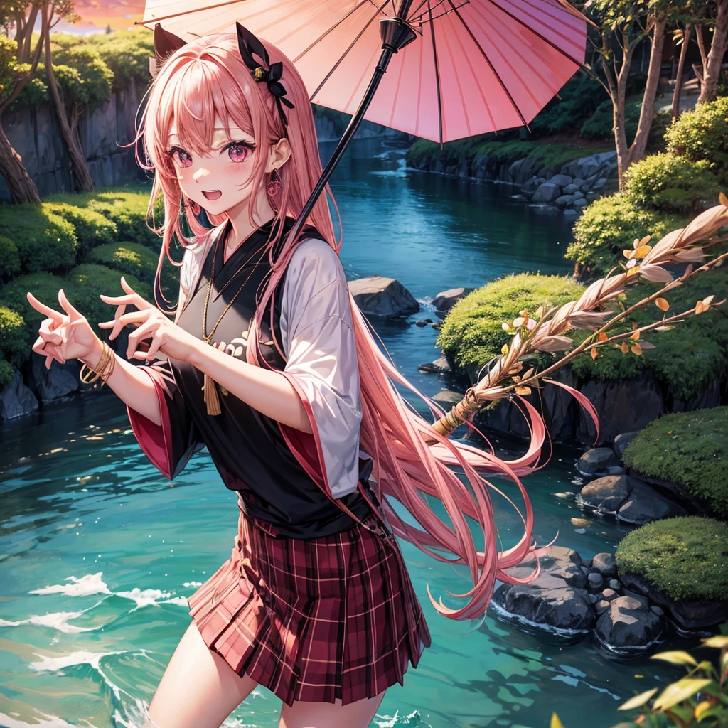 Pink gold golden hair、Red eyes、One good looking girl、solo、anime、Checkered mini skirt、The skirt has buttons、Black camisole、Black T-shirt、hoodie、kimono、Holding a Japanese umbrella、Wearing a ribbon、Ribbon on waist、Crystal Earrings、Gemstone Necklace、Tilting face、Teeth are visible、waterfall、waterfallの裏側、tunnel、Sunset sky、moss、Hell&#39;s Gate、Lantern、Blue flame、Sitting on a thick branch