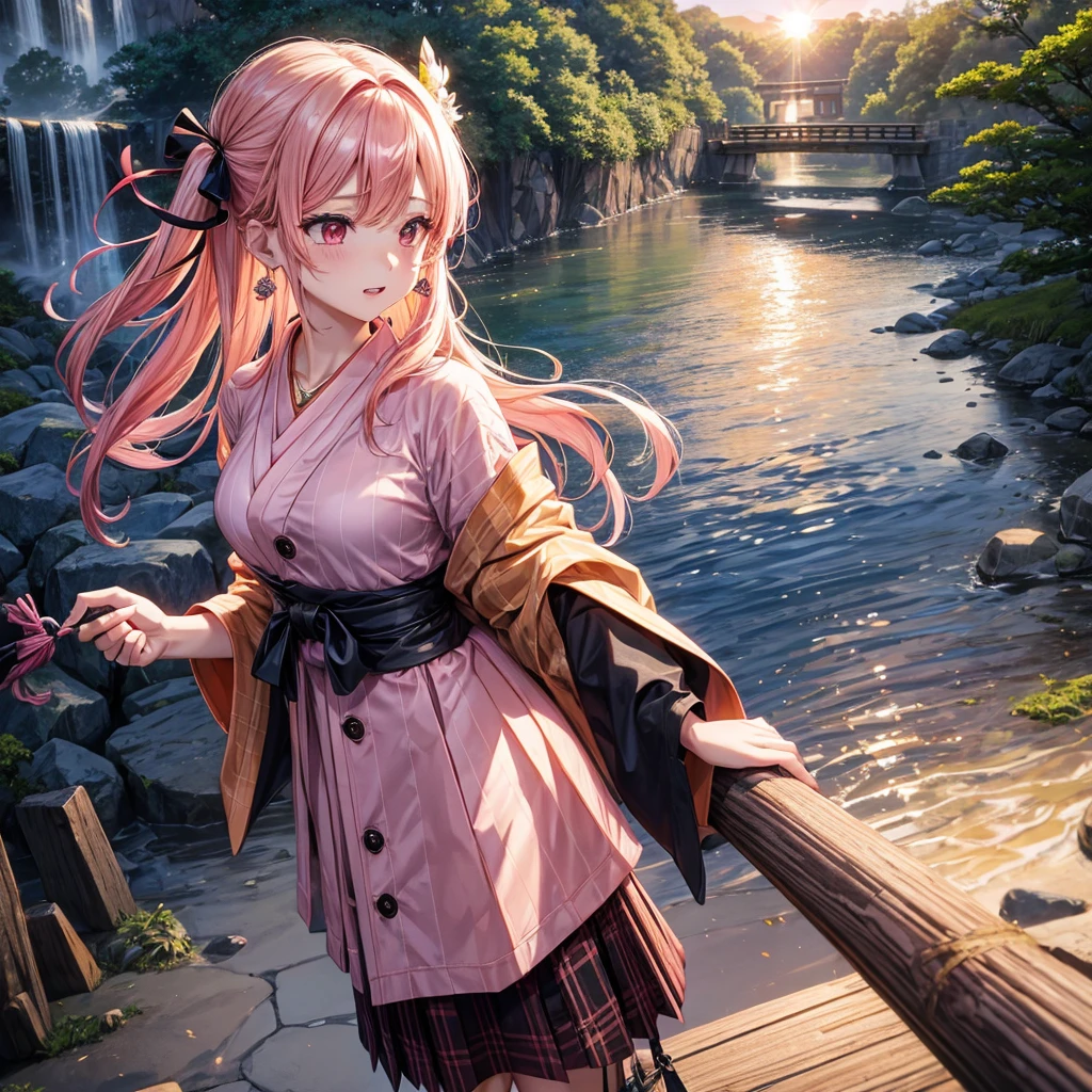 Pink gold golden hair、Red eyes、One good looking girl、solo、anime、Checkered mini skirt、The skirt has buttons、Black camisole、Black T-shirt、hoodie、kimono、Holding a Japanese umbrella、Wearing a ribbon、Ribbon on waist、Crystal Earrings、Gemstone Necklace、Tilting face、Teeth are visible、waterfall、waterfallの裏側、tunnel、Sunset sky、moss、Hell's Gate、Lantern、Blue flame、Sitting on a thick branch