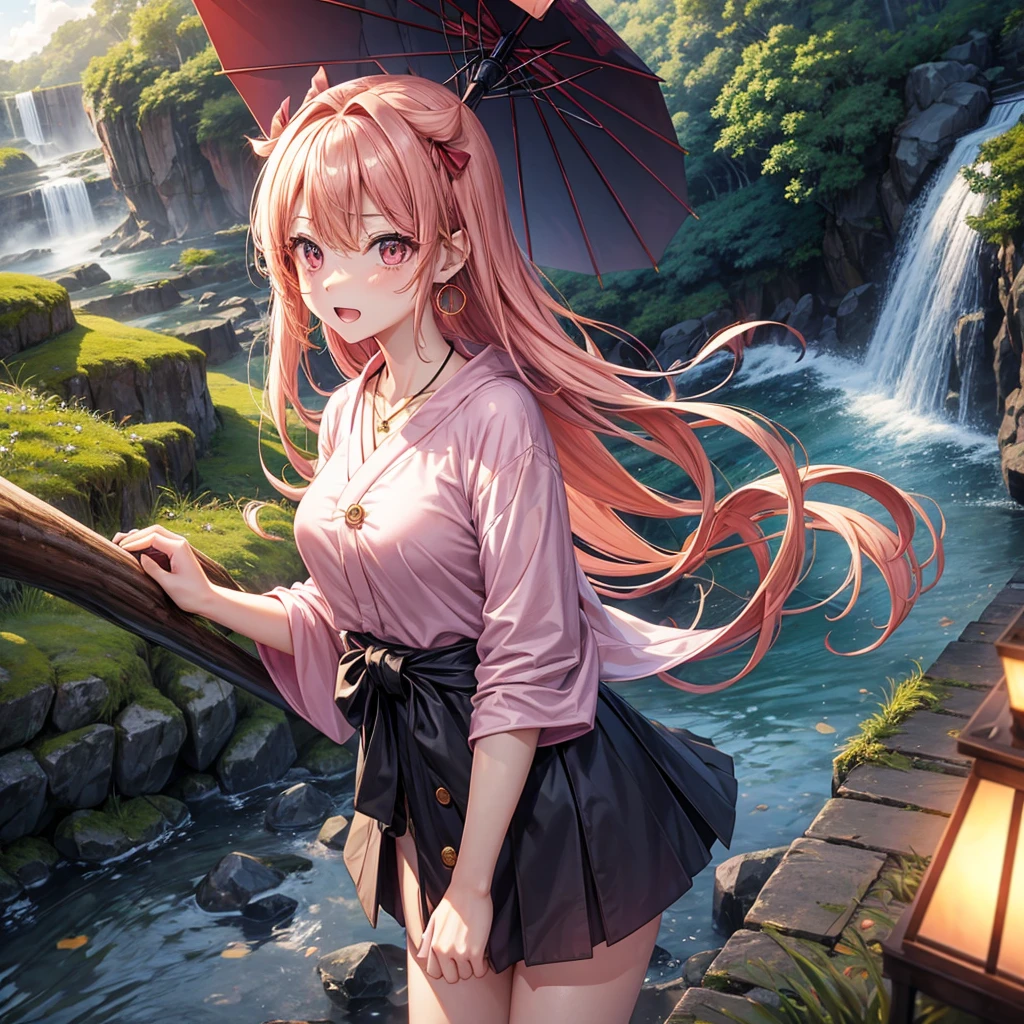 Pink gold golden hair、Red eyes、One good looking girl、solo、anime、Checkered mini skirt、The skirt has buttons、Black camisole、Black T-shirt、hoodie、kimono、Holding a Japanese umbrella、Wearing a ribbon、Ribbon on waist、Crystal Earrings、Gemstone Necklace、Tilting face、Teeth are visible、waterfall、waterfallの裏側、tunnel、Sunset sky、moss、Hell's Gate、Lantern、Blue flame、Sitting on a thick branch
