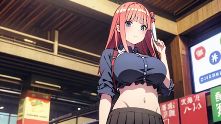Nino Nakano, knot shirt, midriff, mini skirt, large breasts,