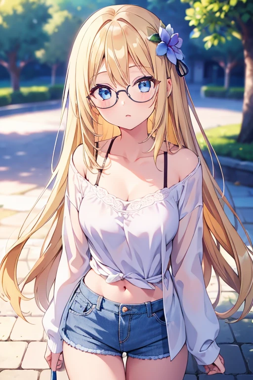 One girl, Wear casual clothes, Long Hair, bangs, Wearing round glasses, Blue eyes, Blonde, Flower Hair Ornaments, Park Area, Mid-chest, Blur, View, Eyes are diamonds