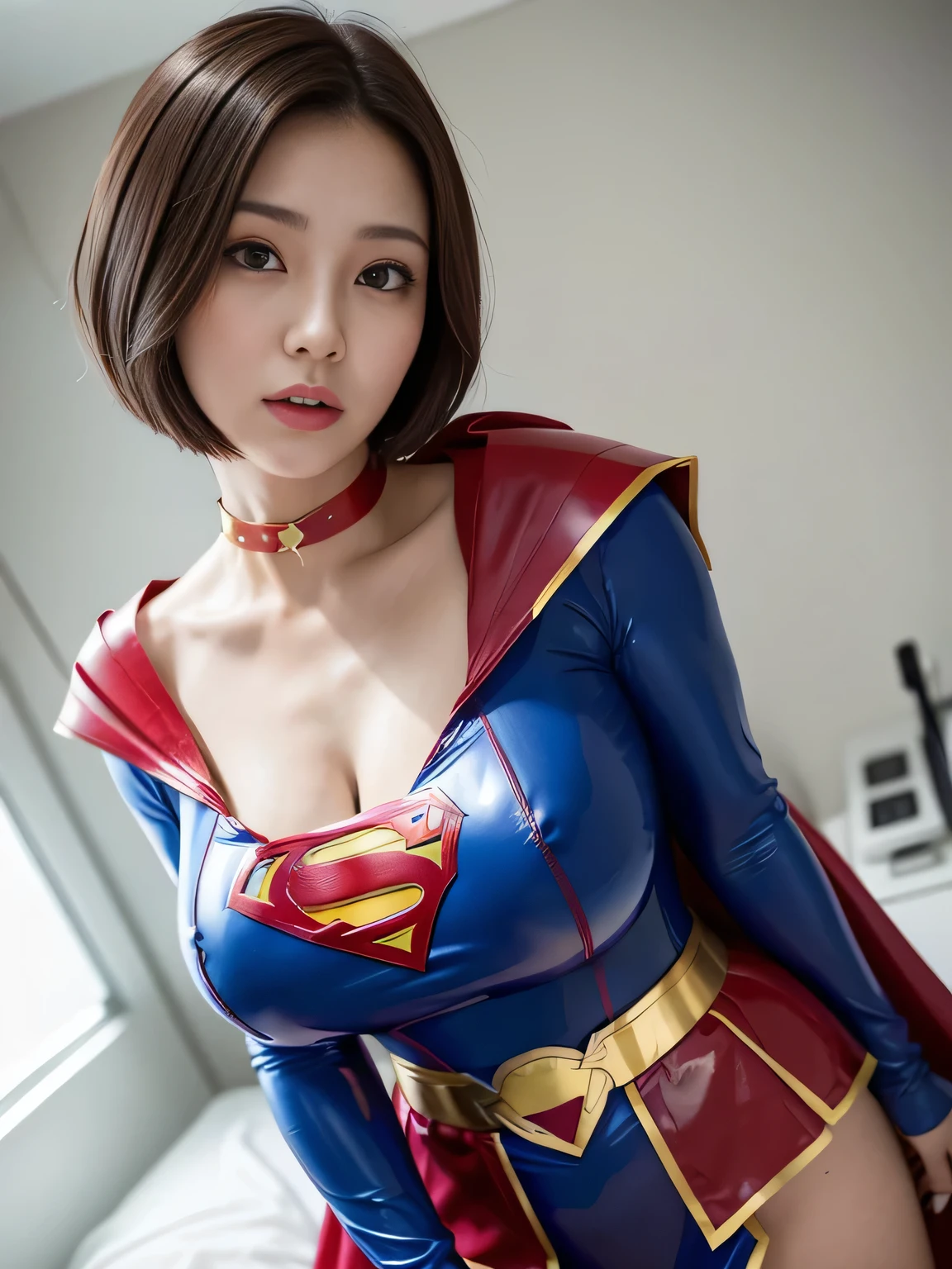 masterpiece、Enamel Supergirl Costume、Short Hair、Hospital operating table、Crisis situation、Big and ample breasts、looking at the camera、Shiny、Off the shoulder、choker、Long sleeve、Red exy poses to seduce、Sweaty、Model Body Type、Alluring、charm、Enchanting、abused、test subject、victim、Wild、Photorealistic、latex、