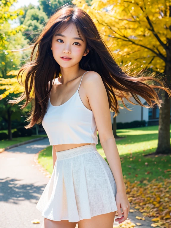whole body1.4、masterpiece, highest quality, RAW Photos, 8k, Highly detailed face, One girl, whole body, Beautifully detailed skin, Backlight, Soft Light, Shy, (Shoot from the front:1.2), Smile, open your mouth to say something, Illuminate, Anatomically correct, Medium Hair, Windblown Hair, Eyes and facial details, Textured skin, Professional photography, Bokeh, Portraiture, Professional Lighting, alone, cute, Film Grain, autumn leaves,( White open-necked camisole),Bare legs,mini skirt,summer