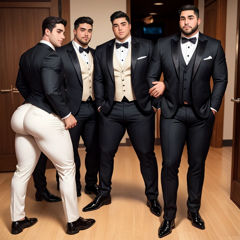 Two college frat boys in tuxedos, huge ass, comically massive ass, tight tuxedo pants, large boy booty, bubble butt, man bubble butt, thick, thicc, thick thighs, thick ass, athletic, fit, round ass, full ass, wide ass, tuxedo, big bulge, large crotch bulge