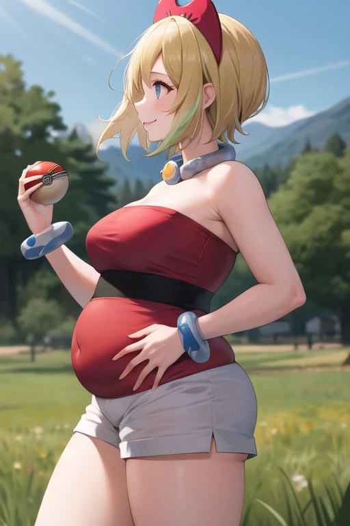 masterpiece, best quality, highres, aairida, short hair, red hairband, neck ring, collar, strapless shirt, red shirt, bracelet, white shorts, bare legs, standing, cowboy shot, outdoors, field, holding poke ball, poke ball, smile, potbelly, chubby, plump, side profile