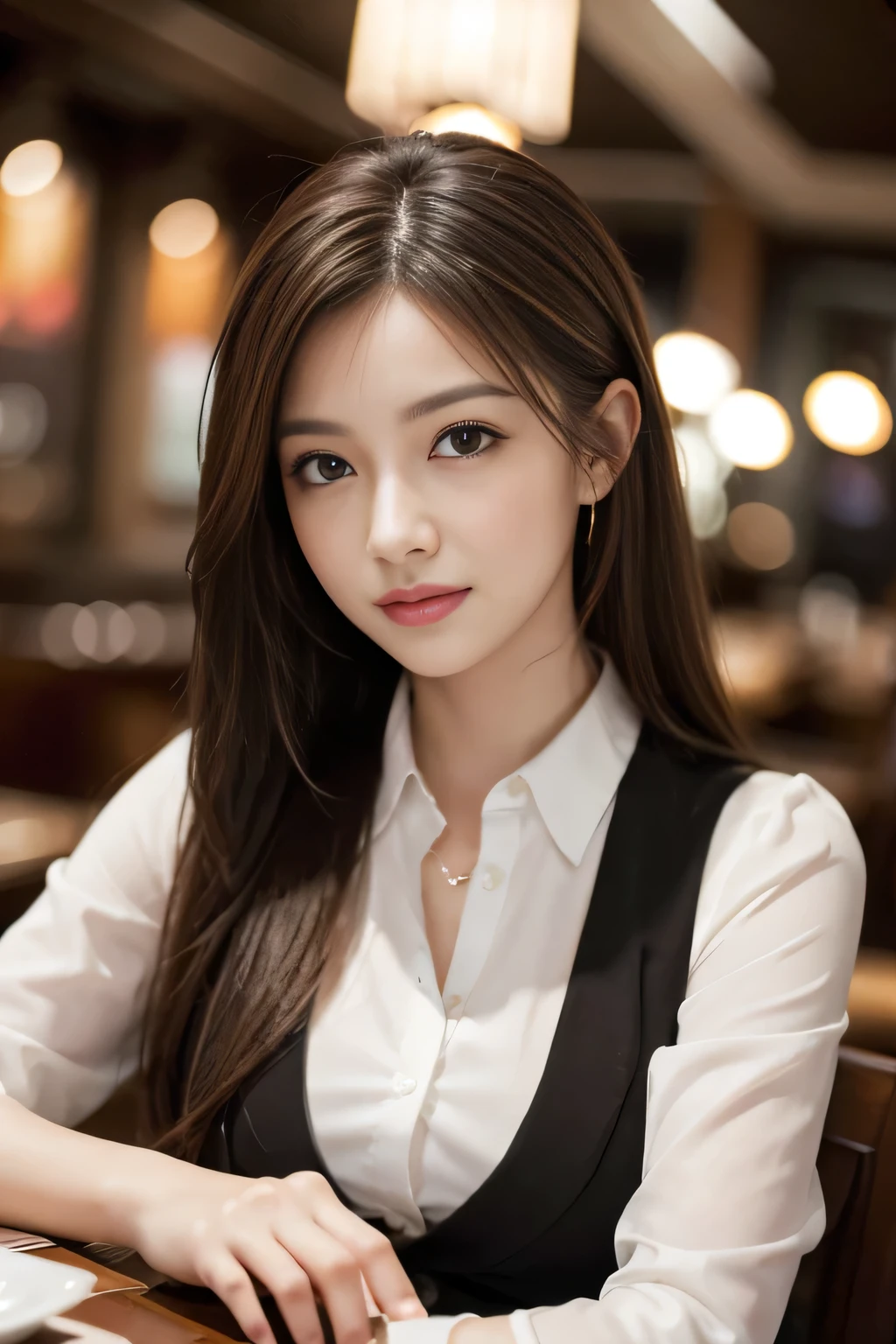 masterpiece, highest quality, Realistic, Very detailed, Finer details, High resolution, 8k wallpaper, One beautiful woman, Wear casual business attire, In a great restaurant, At night, Light brown messy hair, Perfect dynamic composition, Beautiful and beautiful eyes