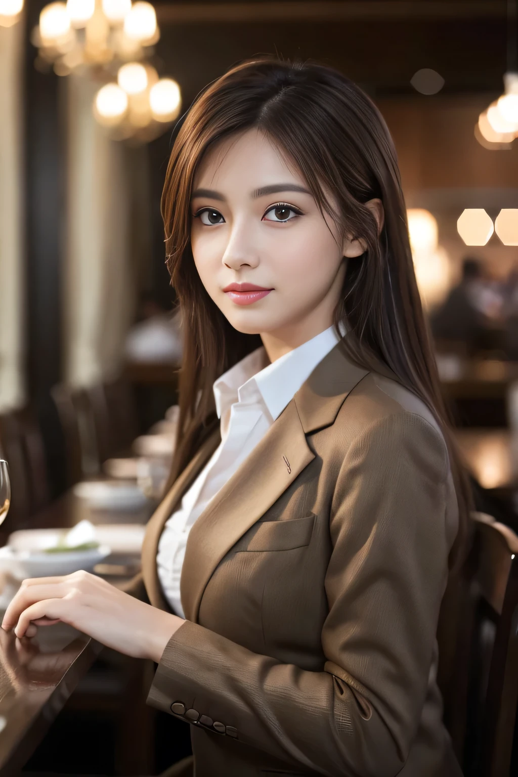 masterpiece, highest quality, Realistic, Very detailed, Finer details, High resolution, 8k wallpaper, One beautiful woman, Wear casual business attire, In a great restaurant, At night, Light brown messy hair, Perfect dynamic composition, Beautiful and beautiful eyes