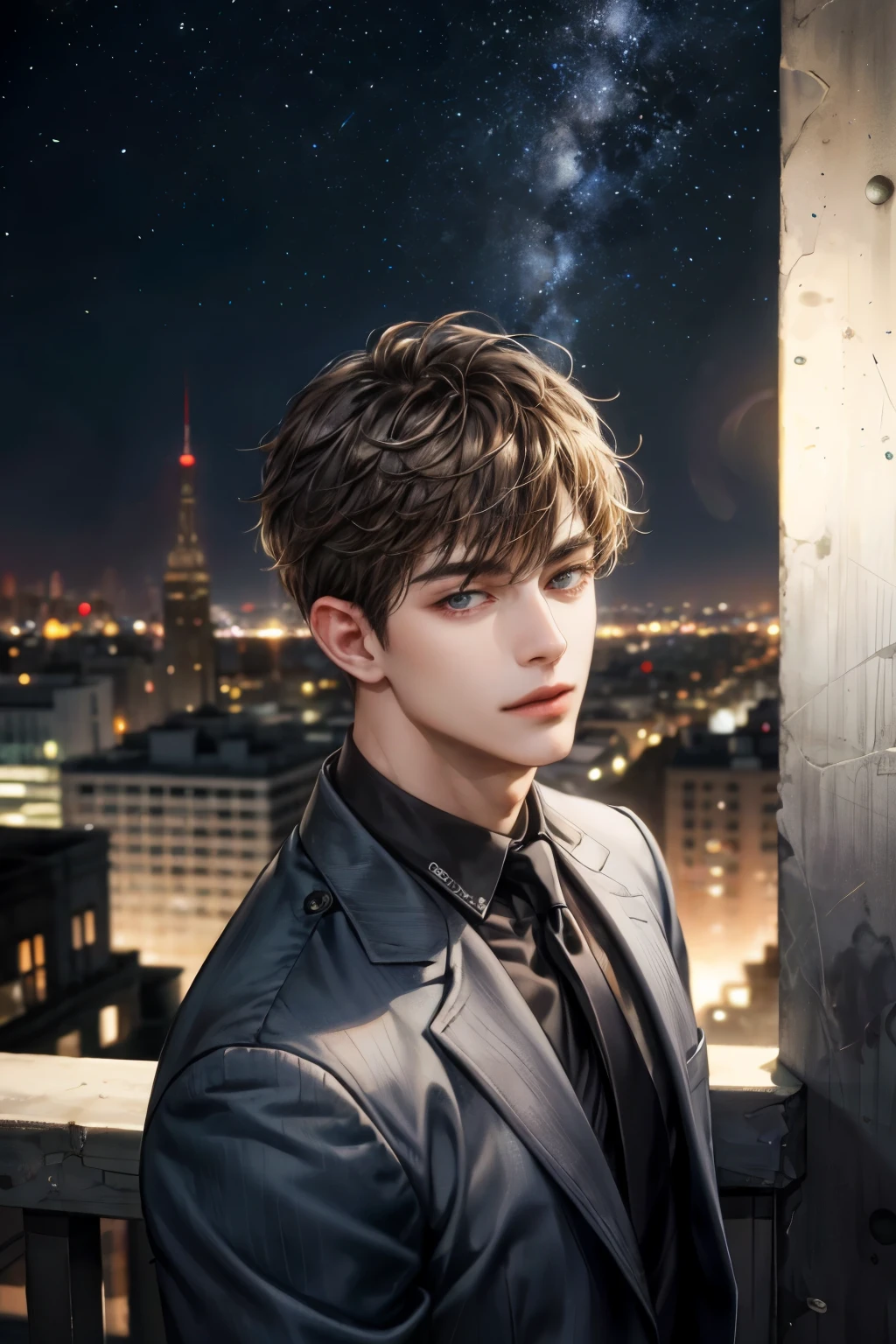 masterpiece:1.8, handsome boy, city lights, perfect face:1.1, Looking at Viewer,
