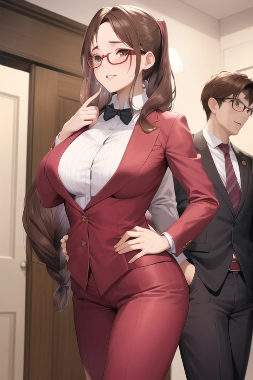 masterpiece, highest quality, Browsing Caution, Upper Body, Are standing, ((One boy),chest grab,(Grab from behind)1.2,((Are standing sex,Sex from behind))), orgasm,, Recall,Grab from behind,chest grab, , Ayumi_arima,Long Hair,Brown Hair,25-year-old woman,big_chest, Single Pigtail,Pink Lip, Glasses,Brown suit,1 braid,