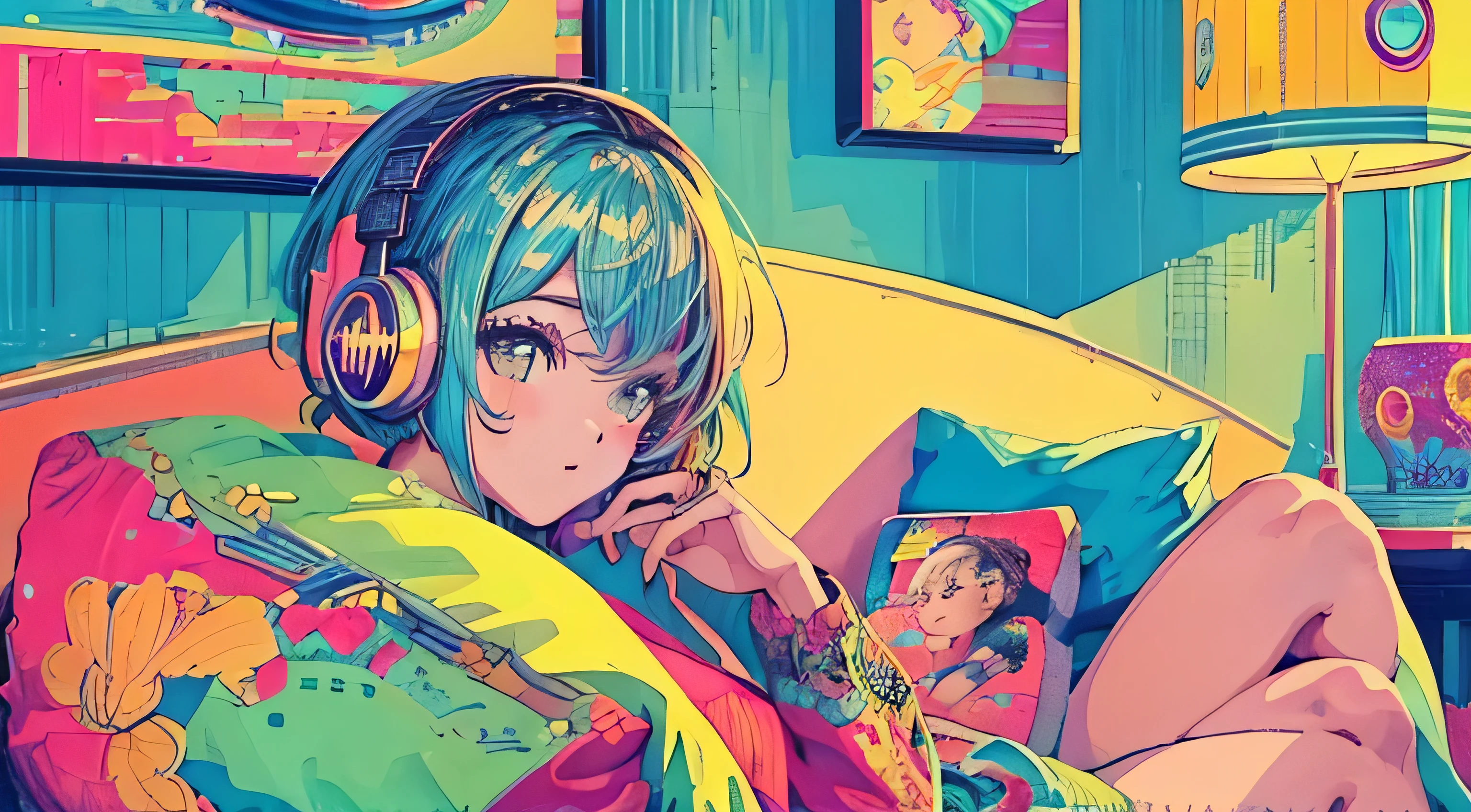 highest quality, 4k wallpaper, masterpiece, Very detailed CG Unity 8k wallpaper, Very fine grain, Very detailed, Intricate details, Close-up of one happy girl in the center, Retro art style, neon_Pop Art Style, indoor,Relax on the sofa,headphone,cushion