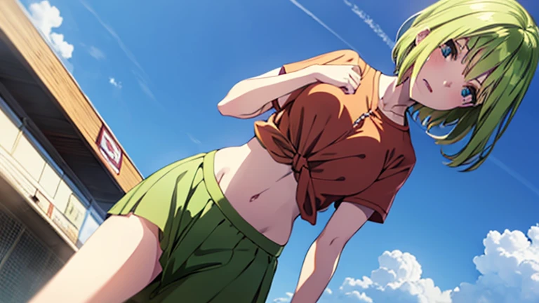 Nakano Yotsuba, knot shirt, midriff, green skirt, medium breasts,
