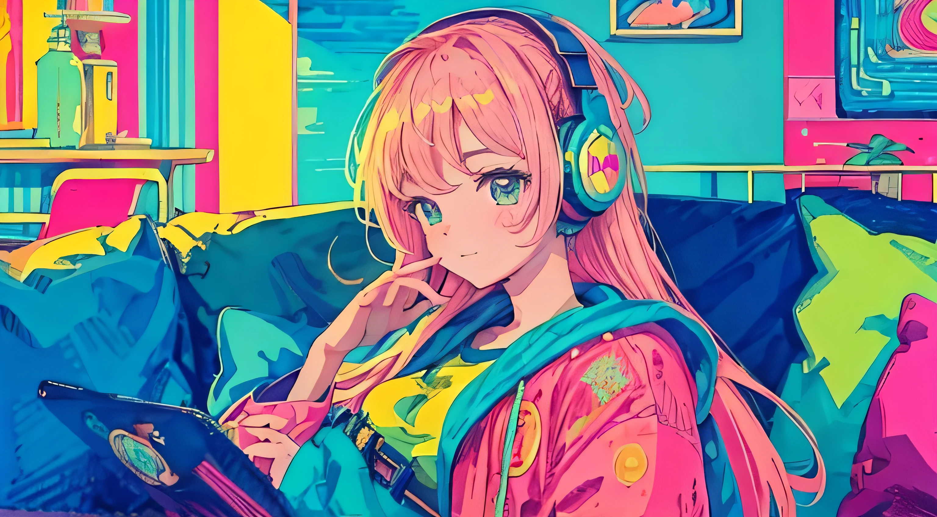 highest quality, 4k wallpaper, masterpiece, Very detailed CG Unity 8k wallpaper, Very fine grain, Very detailed, Intricate details, Close-up of one happy girl in the center, Retro art style, neon_Pop Art Style, indoor,Relax on the sofa,headphone,cushion