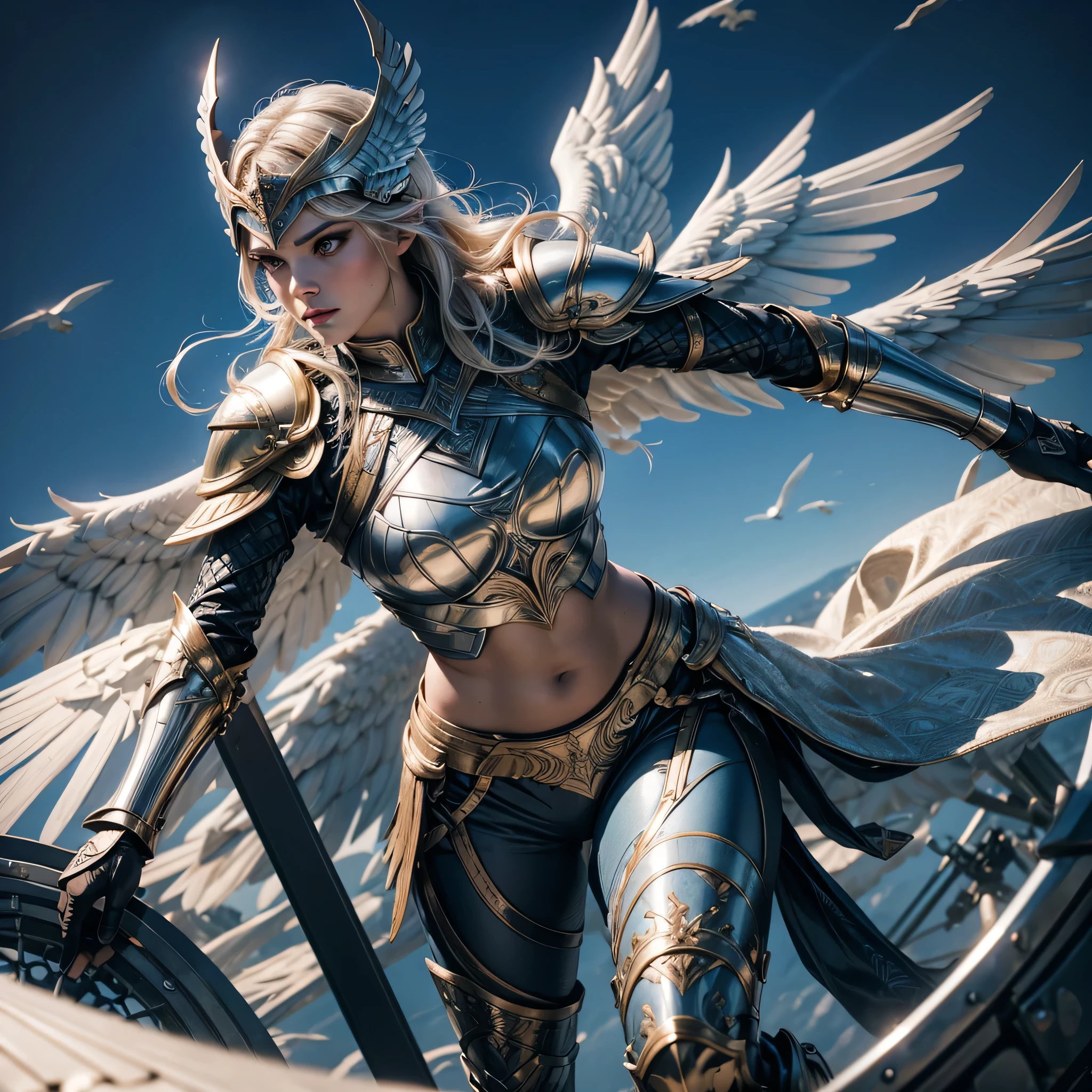 (l1vvydunne:.95), high angle photo of a gorgeous young valkyrie woman in the style of stefan kostic, realistic skin texture,(winged helmet:1.1), (valkyrie armor:1.2), 1 / 2 body crop, 8 5 mm art lens, f 1. 2, sharp focus, 8 k high definition, insanely detailed, intricate, elegant, art by stanley lau and artgerm