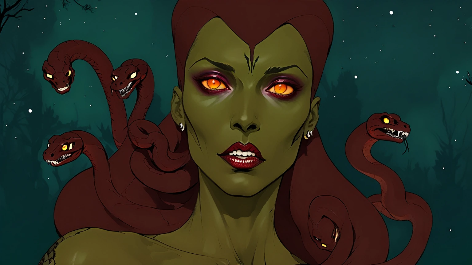 Medusa, splash page decompressed comic cover art, ink style figure,((expressive Joelle Jones and "Sean Gordon Murphy" comic drawing)), wordless, cinematic poster, double exposure, optical illusion, image within image, abyss void black no visibility darkness, full length portrait, (background, pine barrens, entropy, rewilding, magic hour sunset, galaxy stars, cosmos), (horror, abstract, surreal, body, cosmic), candid, snake skin dress, morphology anatomy drawn Frederic Delavier musculature anatomical illustration, (face, ornate black metal corpse paint, resembles Grace Jones), (body, Naga, snakefolk, lower body snake tail, snake woman hybrid, bald, hairless, skeleton, snake skin tattoos, piercing eyes, snake pupils, over the shoulder), (colors, bleak muted deep fiery radiant glowing ROYGBIV, forest green, earth brown), craftsmanship nuance, (Gerardo Zaffino charcoal), subliminal orchids, nyctophobia, silhouette