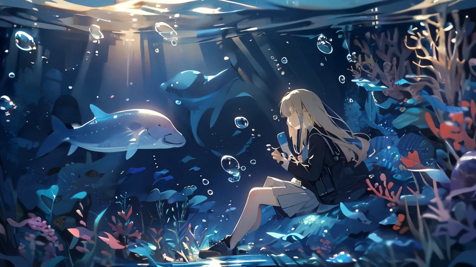 (masterpiece:1.3),(highest quality:1.2),8k,Confused,unity 8k wallpaper,(Very detailed:1.3),the best,High resolution,wonderful,shape,Beautiful studio soft light,Stunningly beautiful,incredibly Confused,Crisp details,Cinema Lighting,Moody lighting,Pixiv,Awards, Professional, Very detailed,Face in perfect detail,14 years old、
transportation facilities_Against_window, 1 girl, alone, Colorful long blonde hair, skirt, Long sleeve, Sitting, , Gray Hair, pleated skirt, shoes, serafuku, fish, bubble, Blue Theme, (Underwater:1.2), (air bubble:1.3), Inside the train, (Surreal:1.2), (jellyfish:1.2), (whale:1.1),(fish:1.2),Blurred foreground,